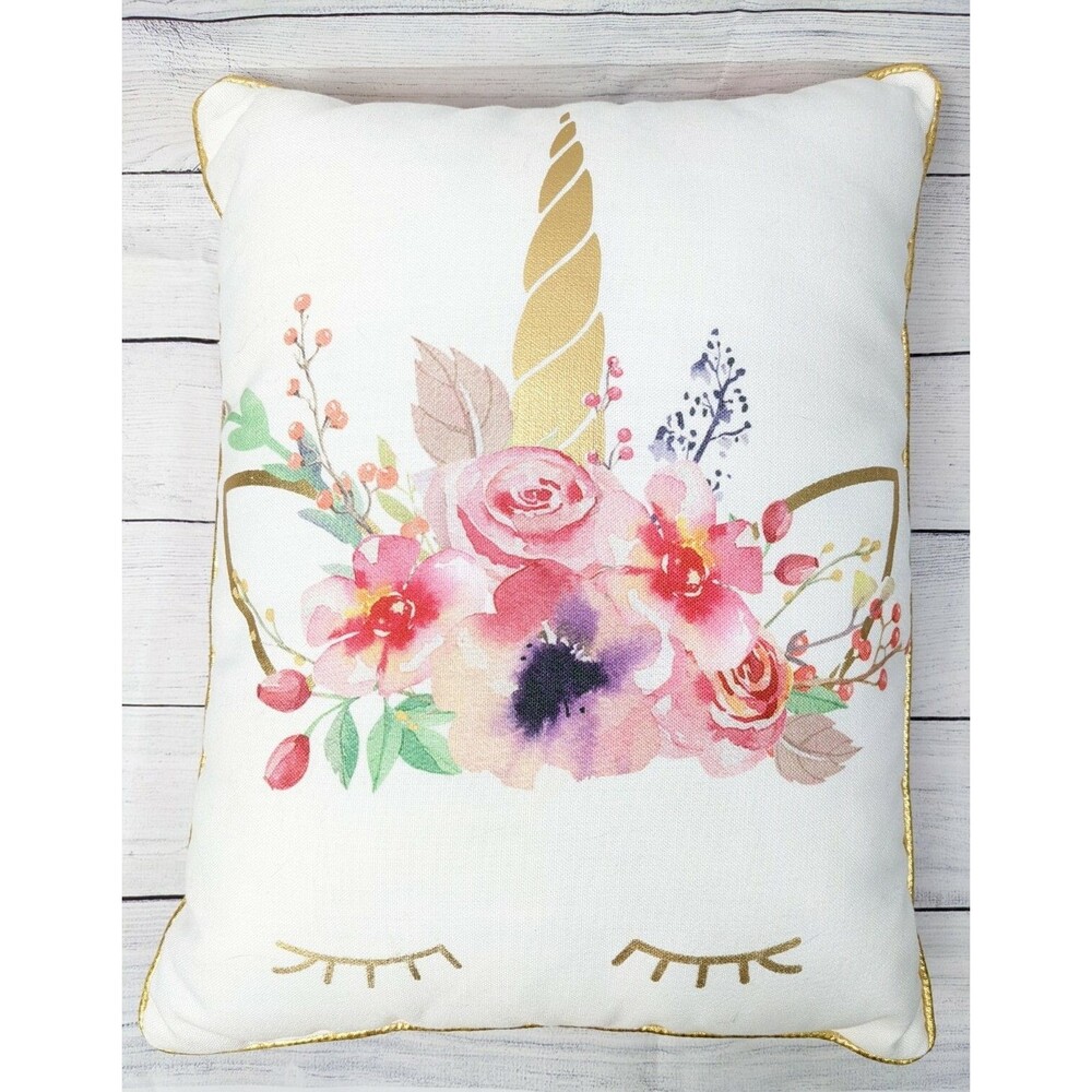 Flower Crown Unicorn Eyelashes Pillow Kids  Gold and White 12"x16"